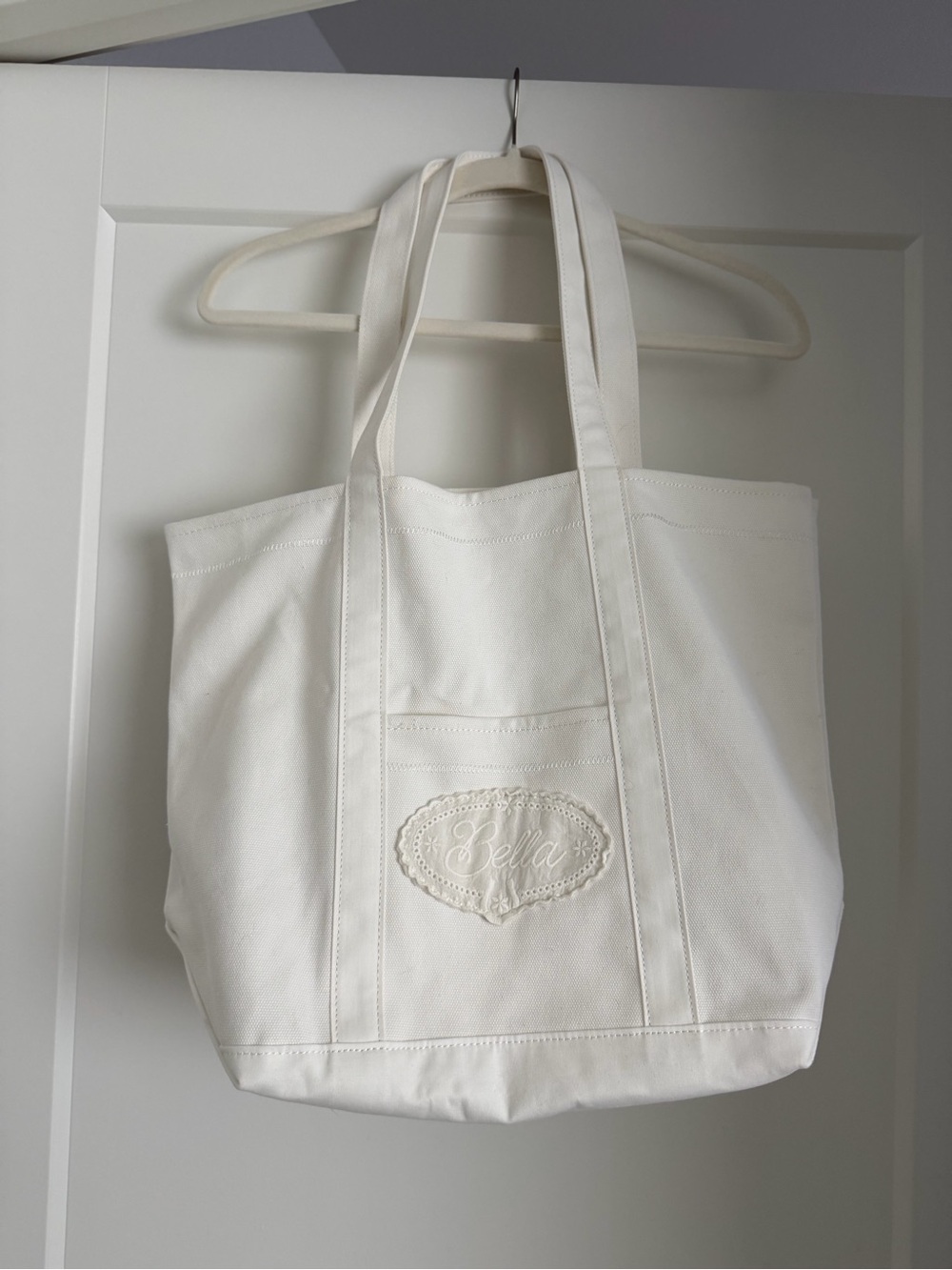 Frankie's Bikinis Cream Canvas Tote with Embroidered Patch